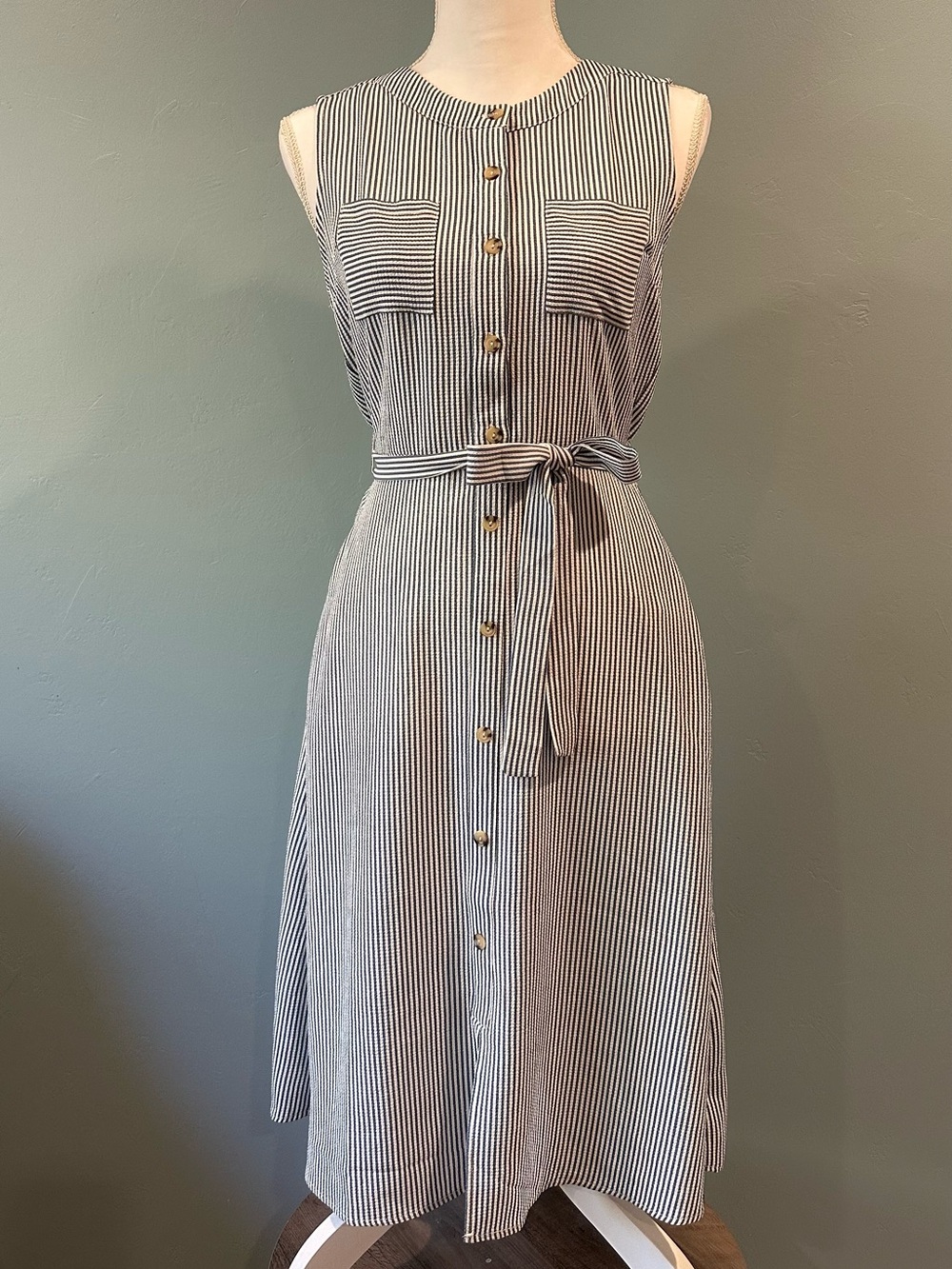 Monteau Blue White Striped Button Front Belted Midi Dress Size M